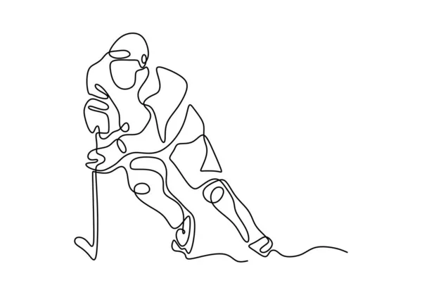 Una línea de dibujo de jugador de hockey sobre hielo regateando la pelota con palo . — Vector de stock