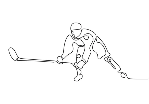 Eine Linienzeichnung des Eishockeyspielers ziehen und schießen den Ball mit Stick Vektor Illustration Einfachheit Design. — Stockvektor