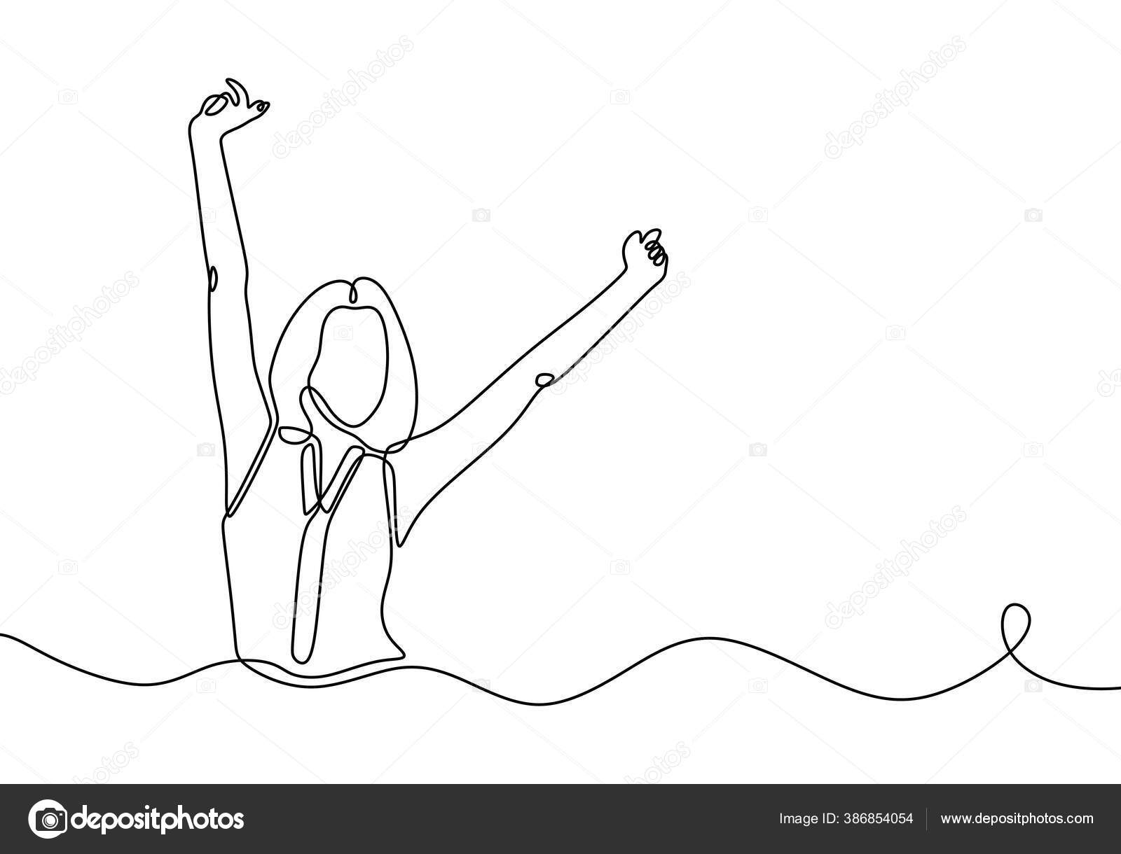 uma linha contínua desenhando uma mulher feliz usando fone de