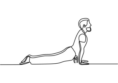 Yoga pozunun sürekli bir çizgisi. Kobra yoga pozu veren genç bir adam kalçaları, leğen kemikleri ve ayakları mindere bağlı ve göğsünü kaldırıyor. Karakter erkek sporcu