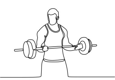 Güçlü bir atletik adamın ağırlık kaldırması ve vücut geliştirme eğitiminin bir çizgi çizimi ya da sürekli çizimi. Elden halterci çizgisi siluetin bir resmini çizdi. Vektör illüstrasyonu