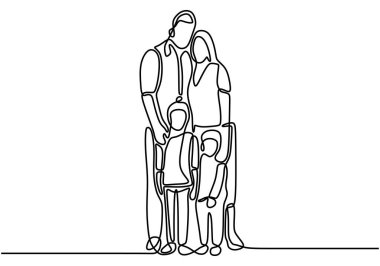 Sürekli mutlu bir ailenin bir arada durduğu çizgiler. Baba, anne ve iki çocuk anı yakalamak için fotoğraf çekiyorlar. Beyaz arkaplanda aile zamanı kavramı izole edildi