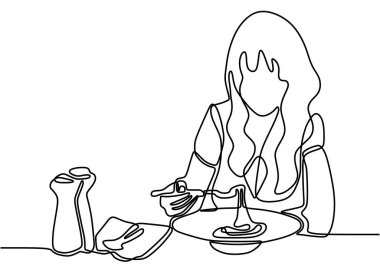 Sürekli makarna yiyen bir kız çizgisi. Masada oturan ve ev yapımı makarna yiyen genç bir kadın. Çizgi çalışması. Beyaz arka planda izole edilmiş fast food yiyen karakter.