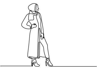 Başörtüsü pozu vermiş genç, mutlu bir kız çizimi. Genç ve mutlu kadın modeli moda tesettür moda devamlı çizgi çizimi tasarım tasarımı illüstrasyonu