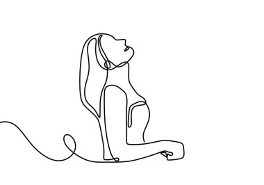 Devamlı çizgi sanatı ya da bir kadın çizimi, resim vektörü illüstrasyonunu rahatlatır. Beyaz arka planda izole edilmiş temiz hava almak için uzun saçlı güzel bir kız.