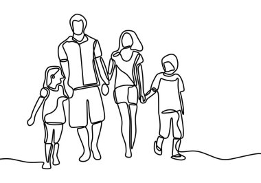 Ebeveynlerin sürekli olarak çocuklarla yürüdüğü çizimler. Anne ve baba çocuklarıyla vakit geçirip birlikte oynuyorlar. Ebeveynlik karakterleri. Vektör tasarımı illüstrasyonu