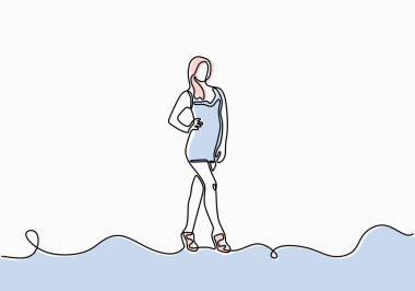 Genç bir model kadının poz verdiği tek bir çizgi. Uzun saçlı ve mini elbise giyen bir kız. Ayakta duran kadın jest konsepti çizimi sürekli minimalizm çizimi