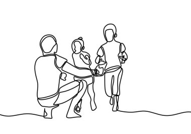 Sürekli olarak babasıyla iki sevimli çocuğun çizdiği çizgiler. Kızları ve oğulları babalarına doğru koşuyorlar. Mutlu aile kavramı. Karakter babası çocuklarıyla oynuyor. Vektör illüstrasyonu