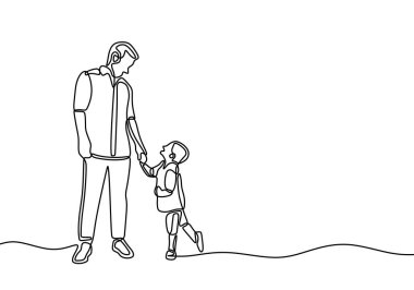 Baba ve oğulun sürekli el ele tutuştuğu çizgiler. Küçük çocukla sokakta yürürken mutlu bir genç baba. Babalar günü kartı minimalizmi gibi harika bir aile konsepti..