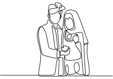 El resmi siluetinden sürekli bir çizgili düğün çizgisi. Yeni evli çiftimiz el ele tutuşuyor. Karı ve kocanın gelin ve damat karakterleri evlidir.