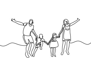 Sürekli bir çizgi çiziyor. Mutlu aile anne ve baba çocuklarla oynuyor. Genç ebeveynler çocuklarla birlikte koşup zıplıyorlar. Beyaz arkaplanda vektör illüstrasyonu