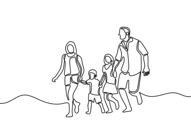 Sürekli bir çizgi çiziyor. Mutlu bir aile babası ve iki çocuğu olan ve el ele tutuşan bir anne. Her hafta sonu sabah aktivitesi. Aile zamanı konsepti. Vektör illüstrasyonu.