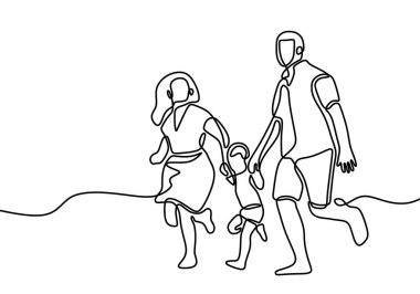 Sürekli bir çizgi çiziyor. Mutlu bir aile babası ve iki çocuğu olan ve el ele tutuşan bir anne. Her hafta sonu sabah aktivitesi. Aile zamanı konsepti. Vektör illüstrasyonu.
