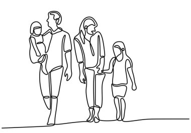 Ebeveynler iki çocukla yürümeye devam ediyor. Mutlu aile tatilleri ve birlikte vakit geçirmeniz dileğiyle. Anne ve baba dışarıda çocuklarıyla oynuyorlar. Ebeveynlik karakterleri. Vektör illüstrasyonu