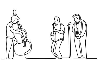 Müzik cazının aralıksız çizimleri. Üç kişi caz müzik konseri veriyor. Vokalist, gitarist ve baterist de dahil olmak üzere grup üyelerinin Vector Illustrasyonu. Minimalizm tasarımı