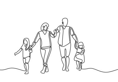 Sürekli çizilen bir aile çizgisi elinden iki çocuk çizerek yürür. Bir siluet resmi. Mutlu anne ve baba iki kızıyla birlikte oynuyor..