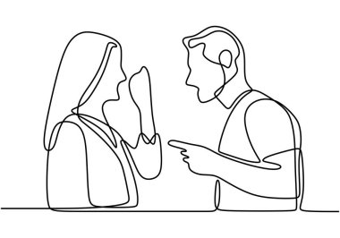 Çatışan çiftlerin sürekli çizgileri. Kavga eden ve birbirini suçlayan çiftler. Beyaz arka planda izole edilmiş kızgın hareket vektör çizimi ile konuşan erkek ve kadınlar.