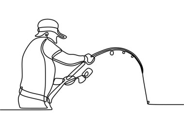 Olta kamışlı balıkçının sürekli çizdiği bir çizgi. Başında şapka olan, gölde balık tutan son sınıf öğrencisi. Balıkçılık hobisi tatil konsepti. Minimalist tarzda. Vektör illüstrasyonu