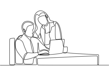 Birlikte dizüstü bilgisayar izleyen iş arkadaşlarının durmaksızın çizimleri. Bilgisayarın önünde genç bir adam ve genç bir kadın işle ilgili sorunlar hakkında konuşuyorlar. Adam ekrandaki kızı gösteriyor..