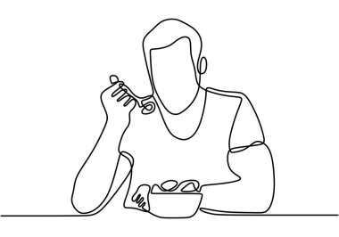 Continuous single line one morning, breakfast, meal character at the table. The guy is a man who has breakfast with a bowl oatmeal at the table. Athletic and healthy lifestyle. Vector illustration vector Continuous single line one morning, breakfast, meal character at the table. The guy is a man who has breakfast with a bowl oatmeal at the table. Athletic and healthy lifestyle. Vector illustration vector