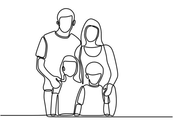 一緒に立って幸せな家族の継続的なシングルライン図面 お父さん お母さん お二人の子供たちは 瞬間を捉えるために写真を撮るポーズ 白地に隔離された家族の時間概念 — ストックベクタ