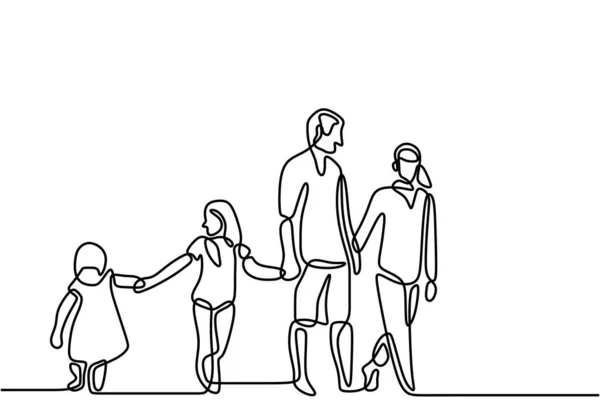 连续的单线绘图 快乐的家庭父母和两个孩子手牵着手走在一起 每个周末早上都有活动 家庭时间概念 矢量说明 — 图库矢量图片