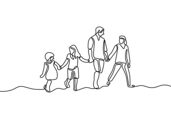 連続1線画 幸せな家族の父と母と2人の子供が一緒に歩いて手を取り合っています 毎週末の朝の活動 家族の時間概念 ベクターイラスト — ストックベクタ