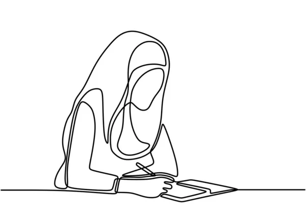 Безперервна Самотня Дівчинка Хіджаб Читає Пише Своєю Ручкою Книгою Молода — стоковий вектор