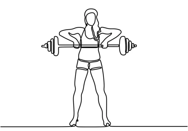Enda Linje Ritning Ung Energisk Kvinna Motion Lyfta Skivstång Gym — Stock vektor