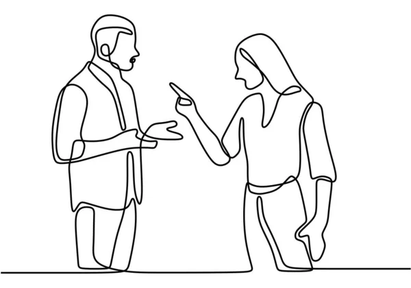 競合中のカップルの連続線画 夫婦は喧嘩して指を指差す 男性と女性と話を怒っているジェスチャーベクトルイラスト隔離された白い背景 — ストックベクタ