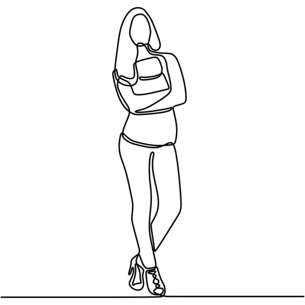 一个连续的线条画的站立自信的女人与交叉的胳膊 美丽的女孩 同时交叉的手势 女性姿势的概念 矢量简约主义风格图解 — 图库矢量图片