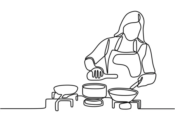 Continuous One Line Drawing Girl Cooking Food Vector Illustration Young — Stock Vector