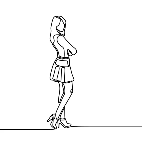 一个连续的线条画的站立自信的女人与交叉的胳膊 穿短裙的漂亮姑娘交叉着手做手势 女性姿势的概念 矢量设计说明 — 图库矢量图片
