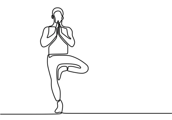 男性フィットネスヨガのコンセプトベクトル健康イラストの連続線画 若い男性は瞑想のためにヨガを練習します 片方の足で立ち 手を折ります 瞑想中の人物のイラスト — ストックベクタ