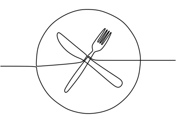 Continu Une Plaque Dessin Ligne Couteau Fourchette Logo Restaurant Minimalisme — Image vectorielle