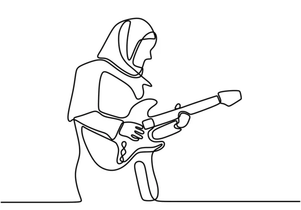 Непрерывный Рисунок Девушки Хиджаба Играющей Гитаре Счастливая Молодая Симпатичная Женщина — стоковый вектор