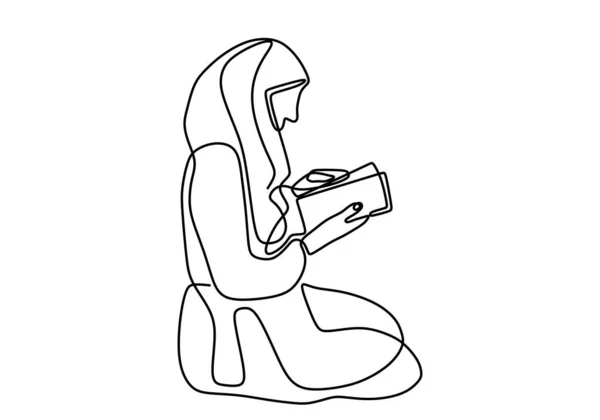 Nepřetržitý Jednořádkový Muslimka Žena Čte Qur Krásná Hidžáb Dívka Sedí — Stockový vektor