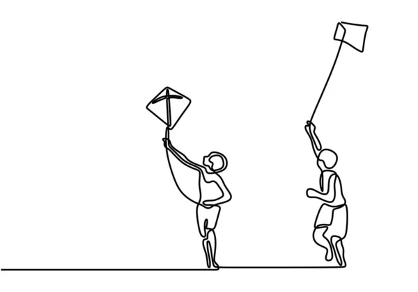 Una Línea Continua Dibujo Dos Niños Jugando Volar Cometa Cielo — Archivo Imágenes Vectoriales