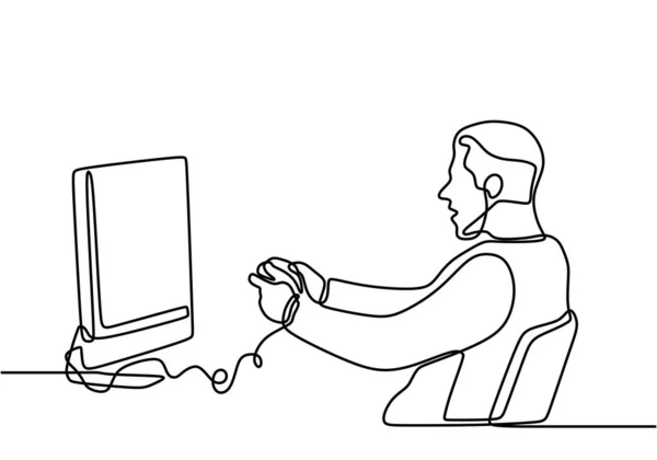 Непрерывное Рисование Линии Геймера Человек Наушниками Смотрит Монитор Компьютера Люди — стоковый вектор