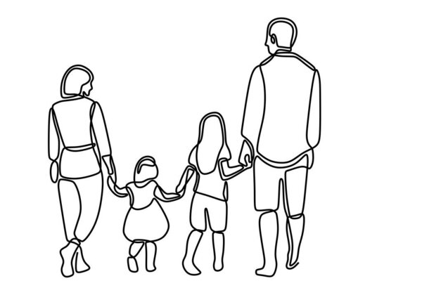 Continuous single line drawing of parents walking with children. Mom and dad spending time with their children to playing together. Parenting characters. Vector design illustration