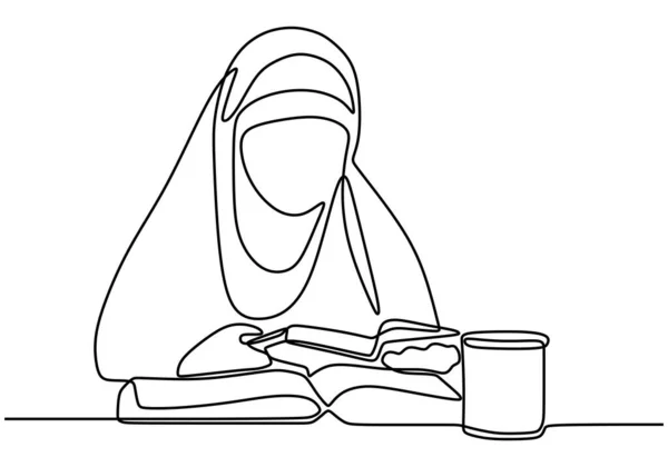 Una Linea Continua Studentessa Muslimah Donna Leggendo Libro Con Caffè — Vettoriale Stock