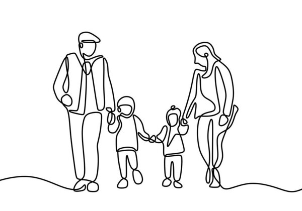 Continuous single line drawing of parents walking with children. Mom and dad spending time with their children to playing together. Parenting characters. Vector design illustration