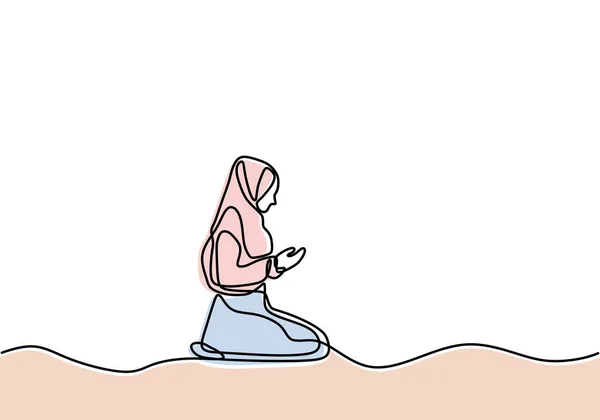 Безперервні Малюнки Жінок Мусліми Моляться Аллахом Піднімають Руки Хіджабі Ізольованих — стоковий вектор