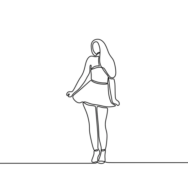 连续画线的快乐站立的女人摆姿势 年轻的漂亮姑娘 长发摆出一副超级模特的样子 穿着迷你裙和高跟鞋 在白色背景下孤立的时装模特主题 — 图库矢量图片