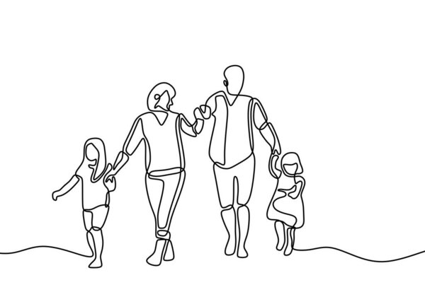 one continuous drawn line of parents walk with two children drawn from the hand a picture of the silhouette. Happy mom and dad playing together with two daughter.