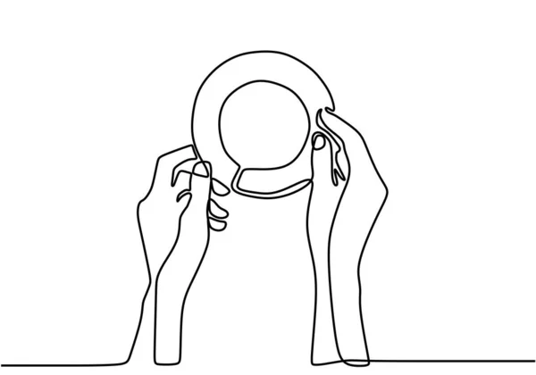 连续画两只手拿着咖啡杯坐在桌子上 与白色背景隔离的线条 热咖啡或茶的概念 用一条线画出的矢量咖啡图解 简约主义风格 — 图库矢量图片