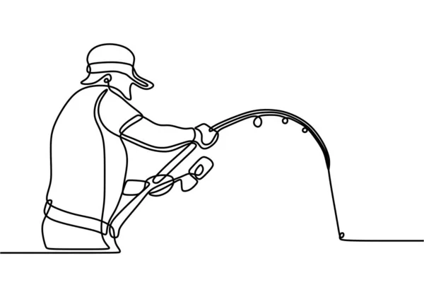 Olta Kamışlı Balıkçının Sürekli Çizdiği Bir Çizgi Başında Şapka Olan — Stok Vektör