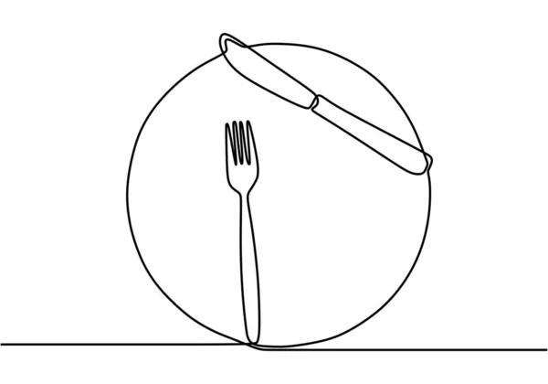 連続1ライン図面プレート ナイフとフォーク レストランのロゴ ミニマルな手描きで白地にミニマルな線画が描かれています 創造的なシンボルを持つかわいいコンセプト — ストックベクタ