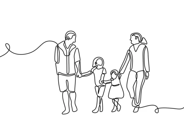 Continuous Line Parents Walking Two Children Happy Family Holiday Spending — Stock Vector