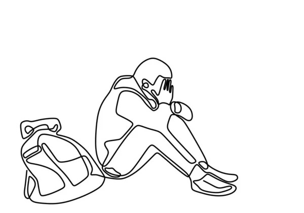 Непрерывное Рисование Линии Человека Депрессии Утомленный Грустный Молодой Мужчина Закрывает — стоковый вектор